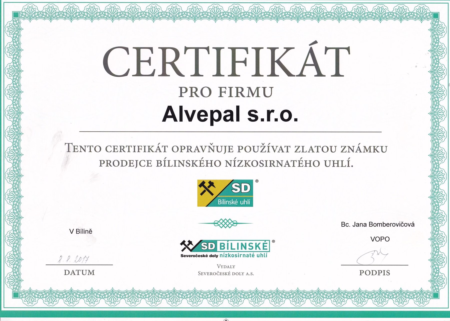 Certifikát SD Bílina